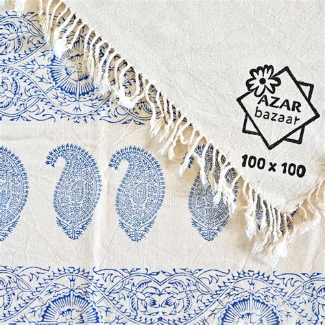 Blue Paisley Block-Printed Tablecloth - Azar Bazaar - Ghalamkar