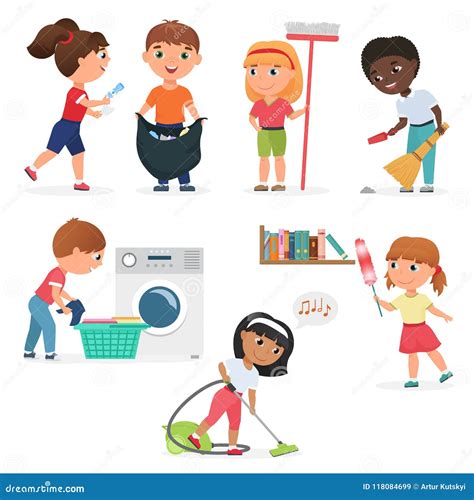 Vector Cartoon Kids Cleaning at Home Set. Children in Various Cleaning ...