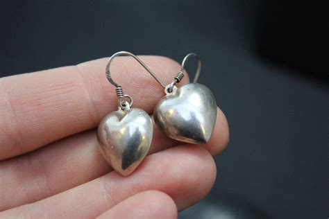 Sterling Silver Puffy Heart Dangle Earrings Heart Earrings Sterling