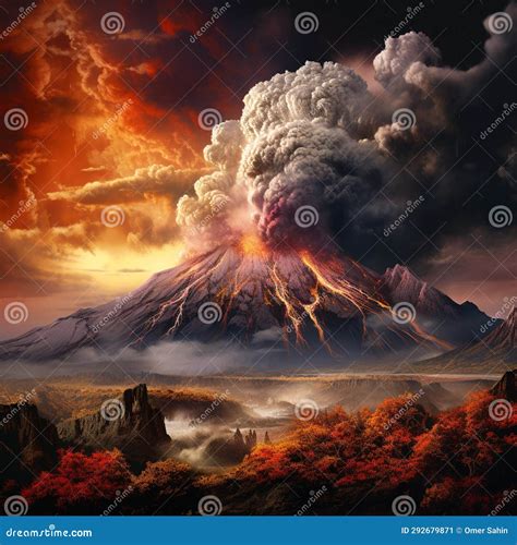 Vibrant and Dramatic Artistic Depiction of a Volcanic Eruption Stock