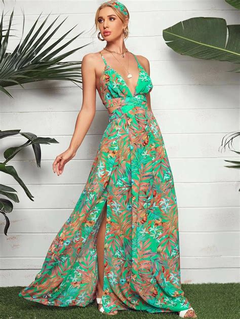 Shein Vcay Plunging Neck Crisscross Tie Back Split Tropical Print Maxi