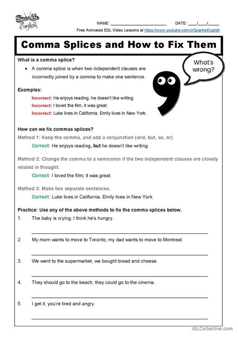 Grammar Worksheet Comma Splices