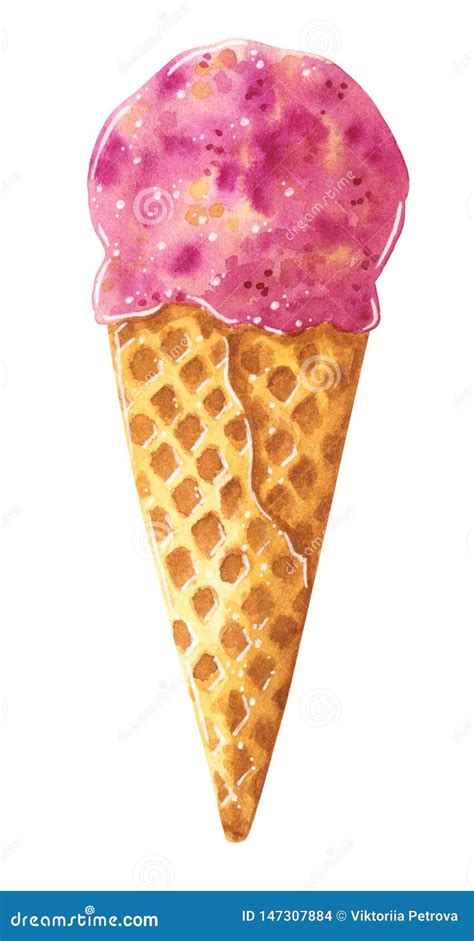 Pink Ice Cream Ball In Waffle Cone Watercolor Illustration Stock