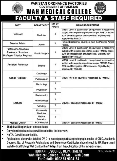 Pakistan Ordnance Factories Pof Medical College Wah Cantt Jobs