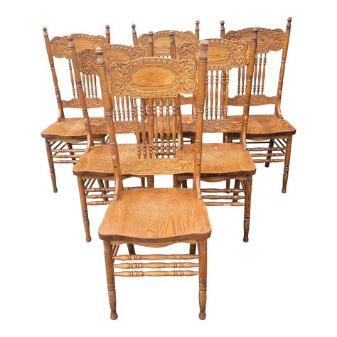 Vintage Mona Liza Furniture Handcrafted Oak Press Back Dining Chairs