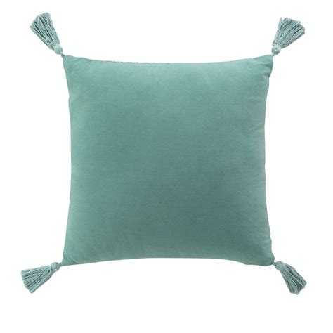 Coussin carré coton pompons 40 x 40 cm Louisette Vert sauge Déco