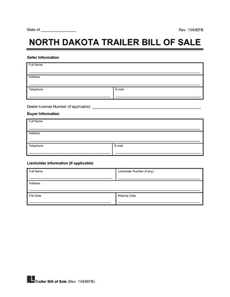 Free North Dakota Trailer Bill Of Sale Template Pdf Word Legal