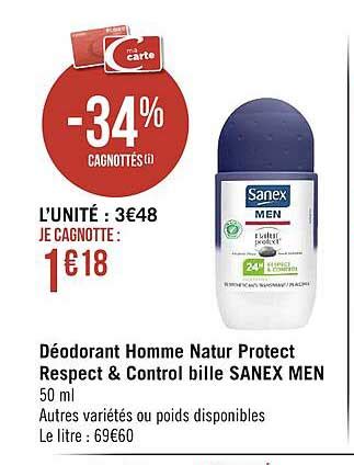 Promo D Odorant Homme Natur Protect Respect Control Bile Sanex Men