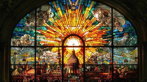 Premium Photo A Striking Stained Glass Window Depicts A Colorful Mosaic Of A Bustling