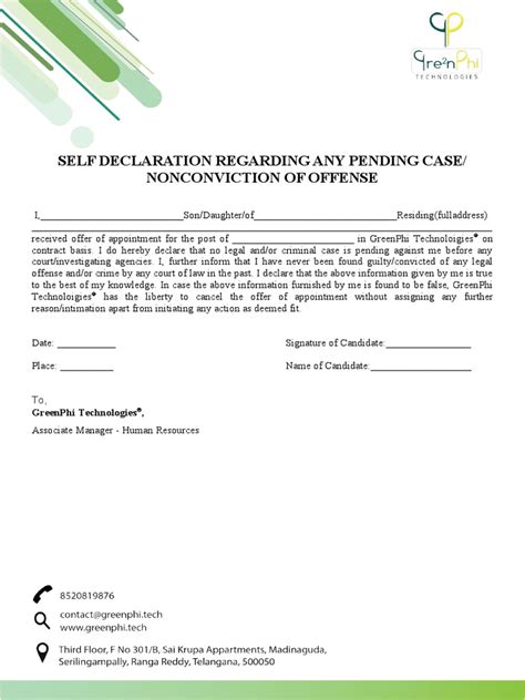 Self Declaration Regarding Any Pending Case Nonconviction Of Offense Pdf