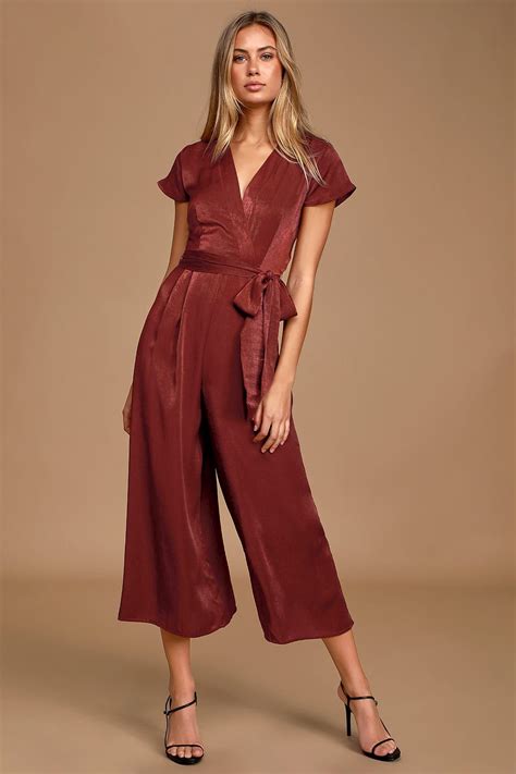 Burgundy Jumpsuit Culotte Jumpsuit Sleek Satin Jumpsuit Burgundy