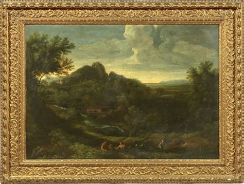 Gaspar Dughet Ambito Di Paesaggio Con Figure Olio Su Tela Asta