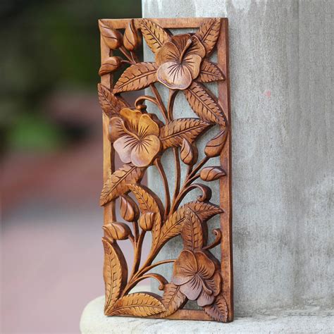 World Menagerie Sweet Balinese Hibiscus Wood Relief Panel Wall Décor