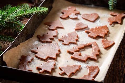 Tasty And Aromatic Gingerbread Cookies For Christmas On Baking Tray