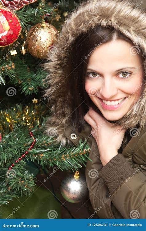 Beautiful Brunette By The Christmas Tree Stock Image Image Of Portrait Enjoyment