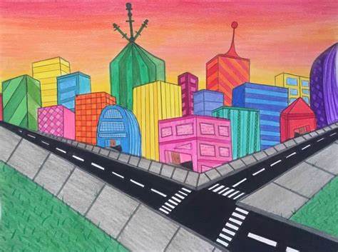 colorful city drawing | City drawing, Drawings, Color