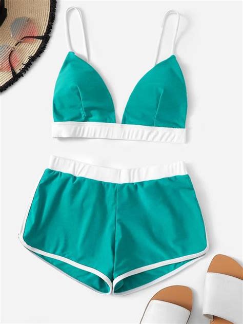 Set Bikini Con Orlo A Contrasto E Shorts From Romwe On 21 Buttons