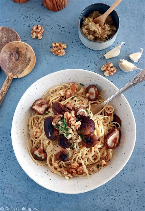 Garlic Mushroom Pasta With Walnut Pesto Del S Cooking Twist