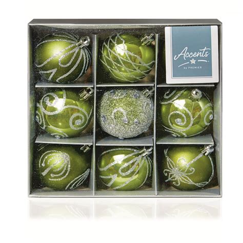 Pack Of 9 Green Luxury Christmas Tree Baubles 5053844256916 Ebay