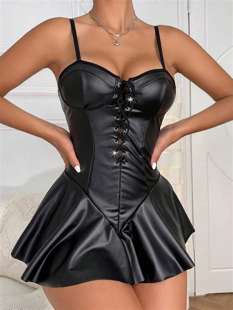 Goth Lace Up Front Pu Leather Sexy Lingerie Dress With Thong Shein Usa