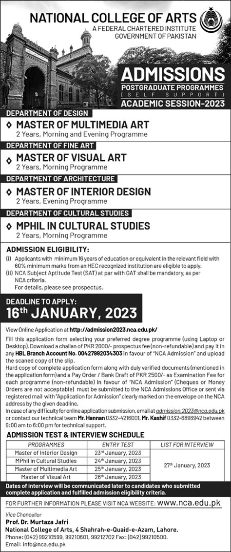 National College of Arts NCA Lahore Postgraduate Admissions 2024