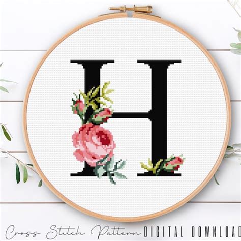 Floral Letter E Cross Stitch Alphabet Pattern Monogram With Etsy