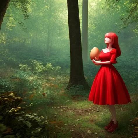 A Red Dress Girl In Forest Stumbled Upon Eggbig Egg Openart