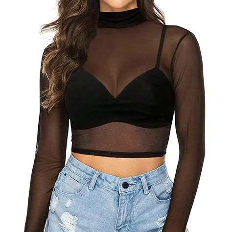 Womens Sheer Mesh See Through Long Sleeve Crop Tops Casual Clubwear