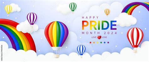 3d Pride Month Banner Template LGBT LGBTQ LGBTQIA With Hot Air Balloon And Rainbow In Blue