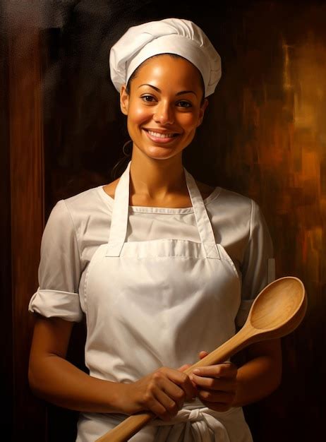 Premium Photo A Smiling Chef Holding A Wooden Spoon