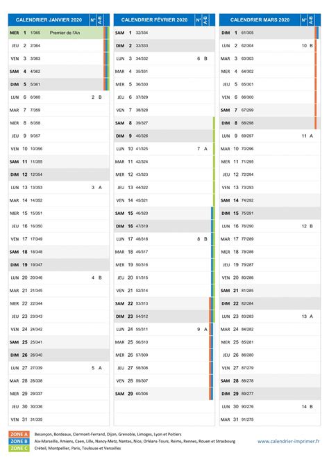 Calendrier Janvier à Mars 2020
