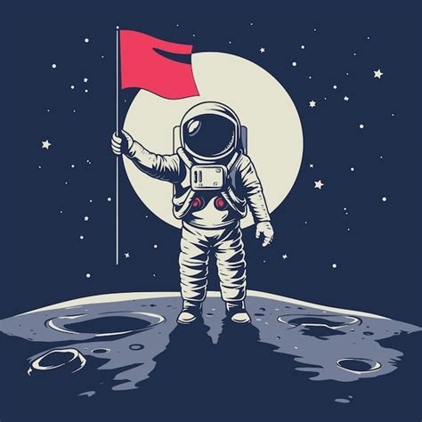 Astronauta de pé segurando bandeira na ilustração da lua vetor