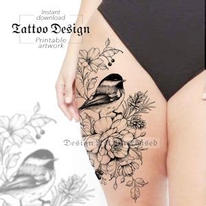 Instant Download Tattoo Design Chickadee Bird Roses and Pine Printable Stencil Template - Etsy