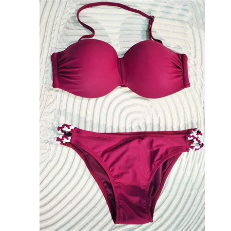 Sexy Donne Bandage Bikini Bordeaux Set Push Up Imbottito Bra Costume