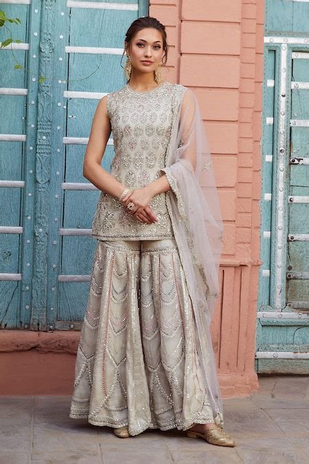 Buy Ivory Organza Embroidery Sequin Round Kurta Sharara Set For Women