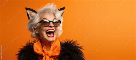 Laughing Happy Mature Woman Wearing A Cat Costume For Halloween On An Orange Banner With Space