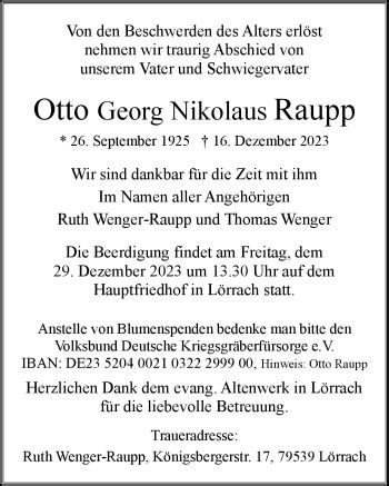 Traueranzeigen von Otto Georg Nikolaus Raupp Schwarzwälder Bote Trauer