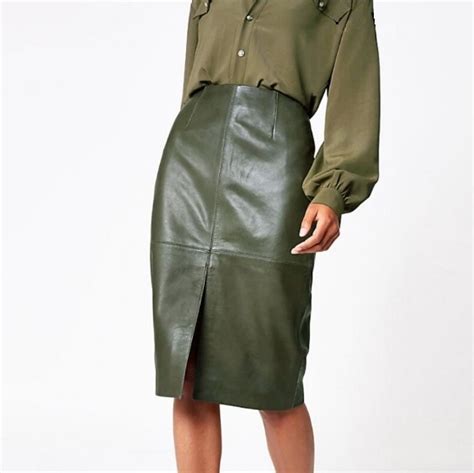 New Olive Green Faux Leather High Waist Midi Knee Length Women Pencil