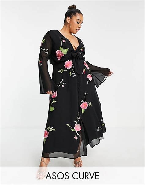 Asos Design Curve Tie Front Button Through Maxi Dress With Floral