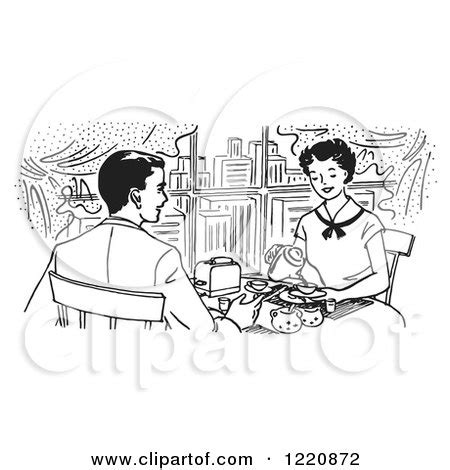 Clipart of a Black and White Happy Retro Couple Dining in a City ...