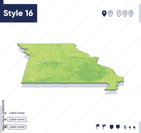 Missouri, USA - map with shaded relief, land cover, rivers, mountains ...