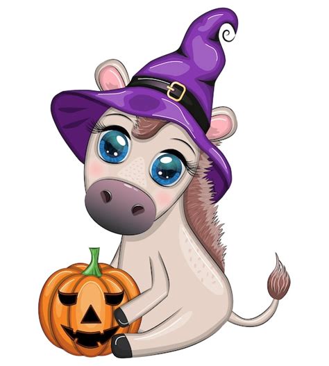 Premium Vector Cute Donkey In Purple Witch Hat With Broom Pumpkin