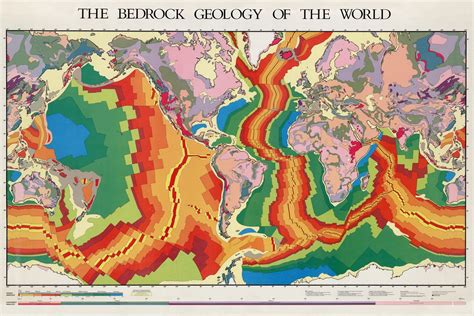 wonderfully designed map   world showing  bedrock geology  oceans  land mercator