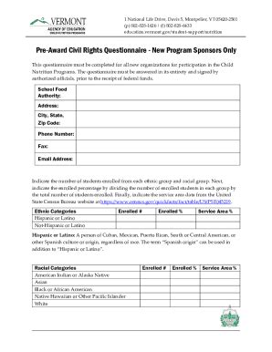 Fillable Online Education Vermont Pre Award Civil Rights Questionnaire