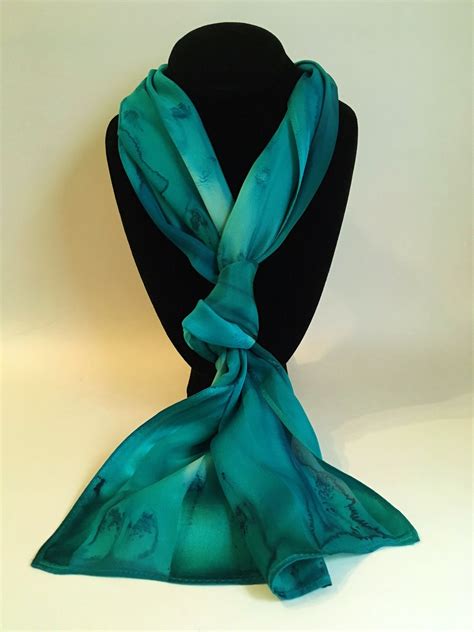 Hand Painted Silk Scarf Teal Green Blue Unique Womens Head Neck Wrap