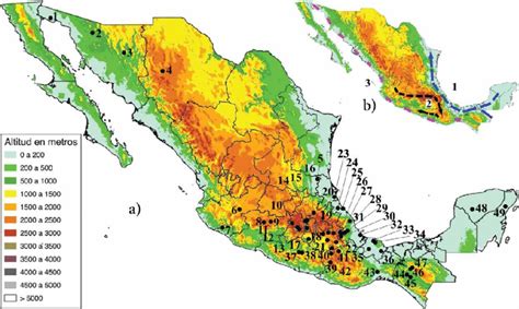 a Mapa hipsométrico que muestra la distribución geográfica de