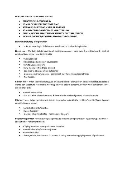 LAW1011 WEEK 10 Notes Statutory Interpretation PT 2 LAW1011