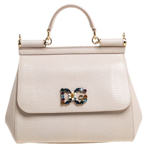 Dolce And Gabbana Beige Lizard Embossed Leather Crystal Dg Logo Medium