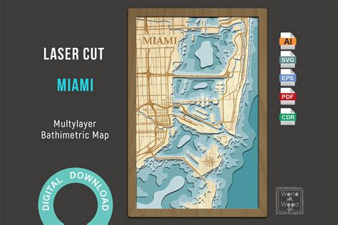 biscayne bay  laser cut map miami beach map florida bathymetric map