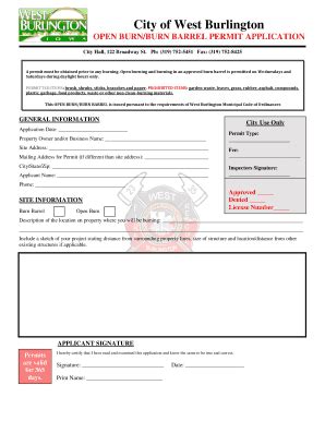 Fillable Online Westburlington Open Burning Permit Application City